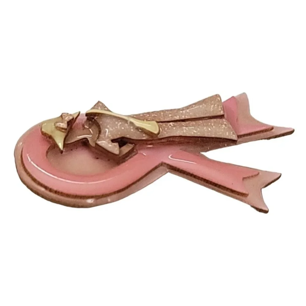 Lucinda Breast Cancer Awareness Pink Ribbon Glitter Woman Lady In Hat Brooch L34 - Picture 4 of 7